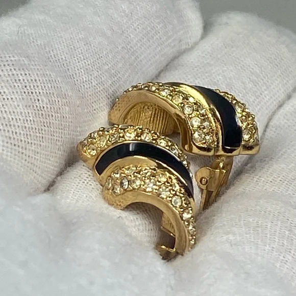 Christian DIOR Vintage earrings with crystals and black enamel - Picture 13 of 15